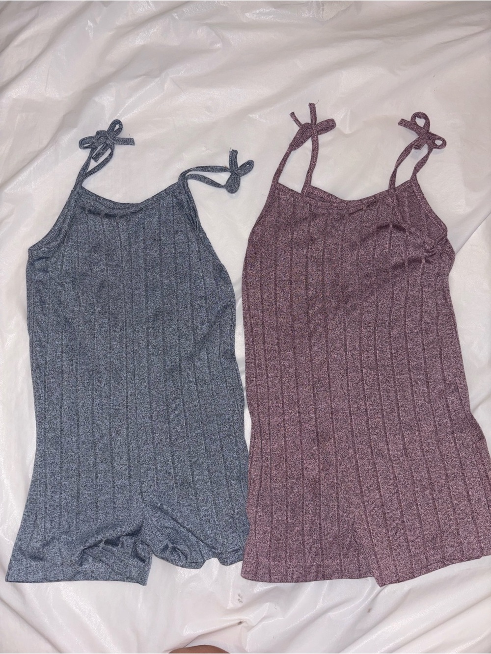 Ribbed Tie-Shoulder Romper - Blue & Mauve